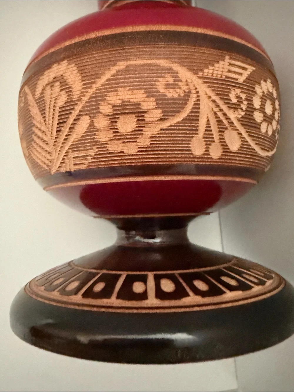 Mexican Vintage Red Hand Carved Wooden Decorative Floral Accent Vase